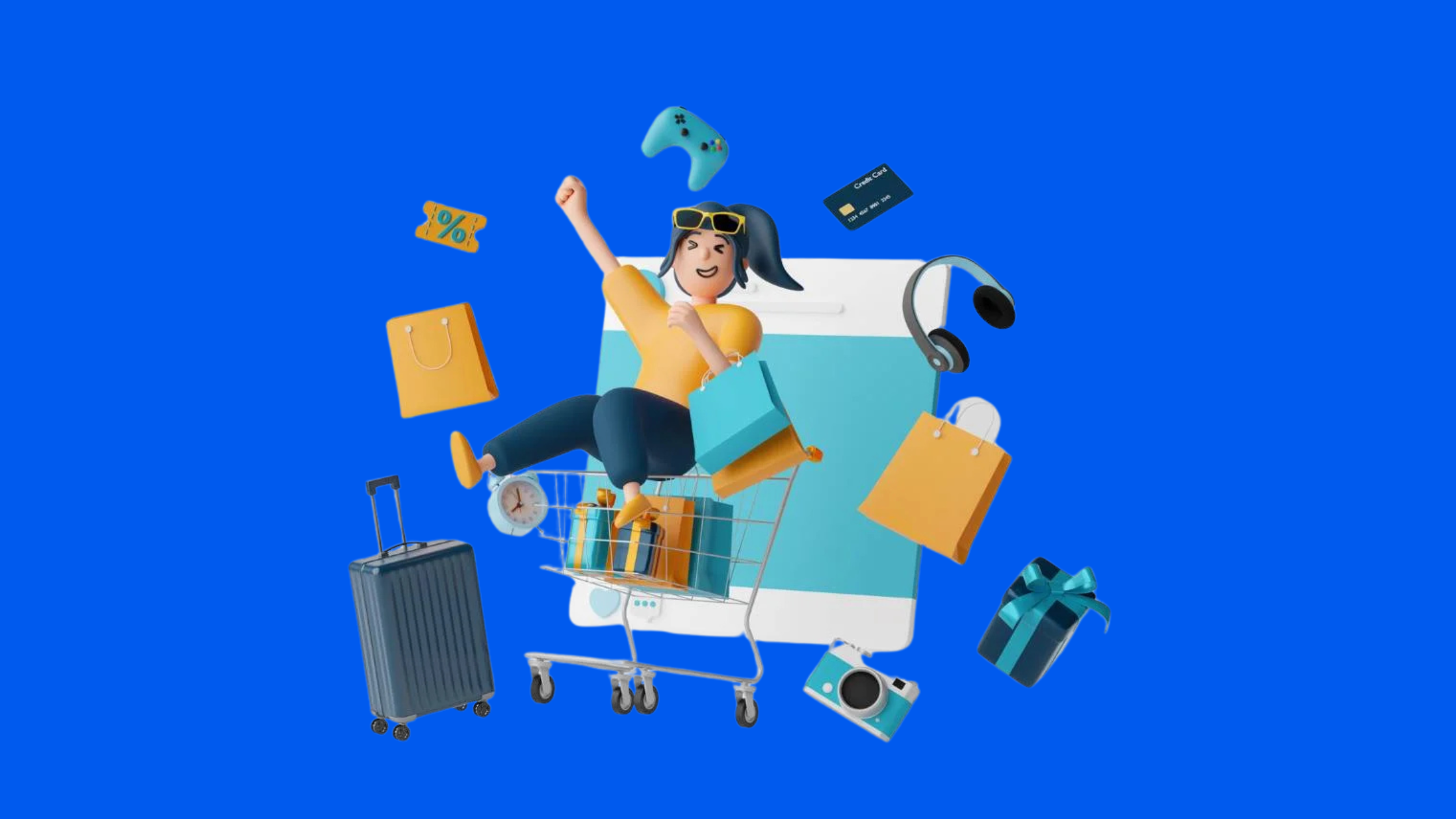A cartoon woman sits in a shopping cart surrounded by shopping bags, a gift box, electronics, a suitcase, and a smartphone on a blue background.