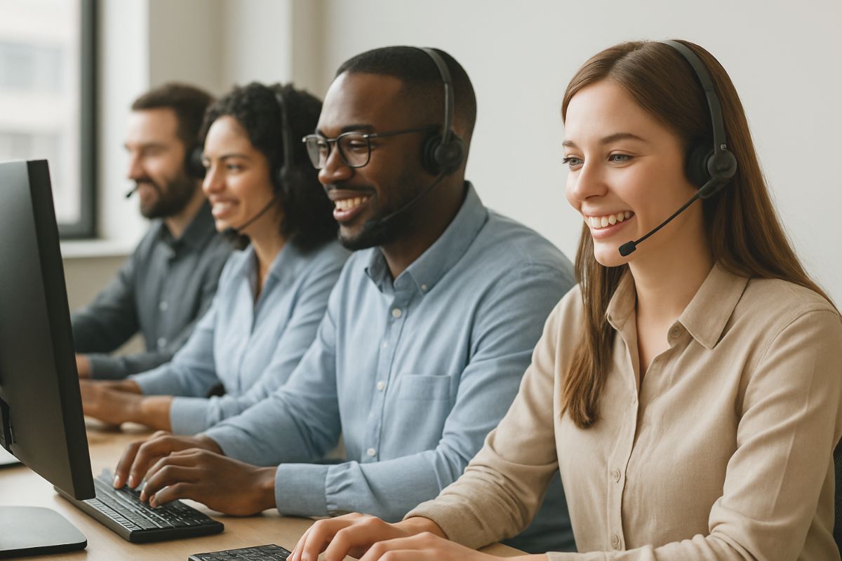 Four customer service representatives wearing headsets sit at computers in a row, smiling and working in a modern office environment.
