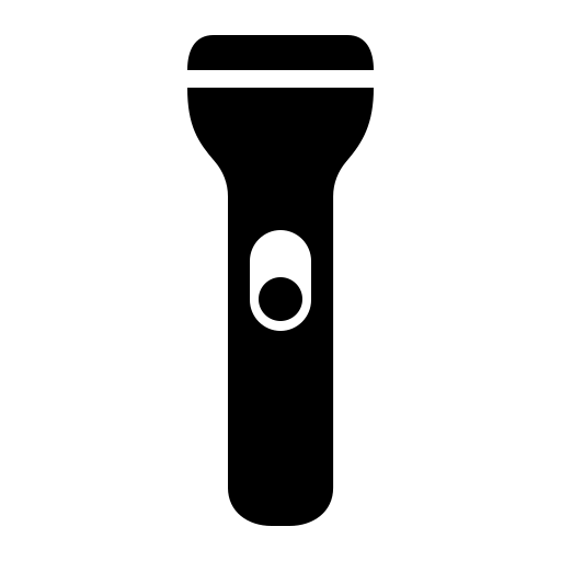 Black and white icon of a flashlight with a large button in the center on a plain background.